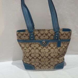 Coach Tan Signature Canvas Tote with Blue Trim